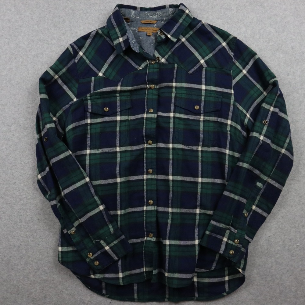 Jachs Girlfriend Shirt Top‎ Womens Medium Western Pearl Snap Plaid Long Sleeve